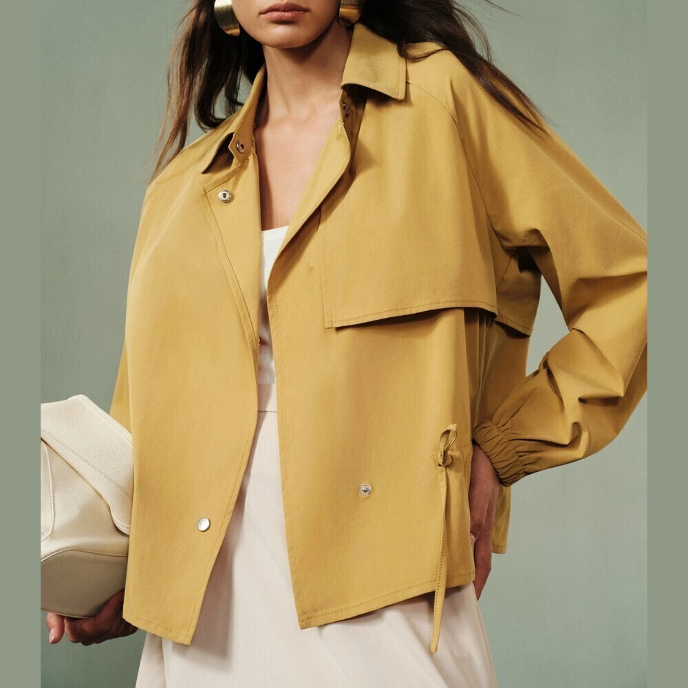 Mustard Yellow Snap Front Drawstring Waist Cropped Trench Coat Utility Jacket